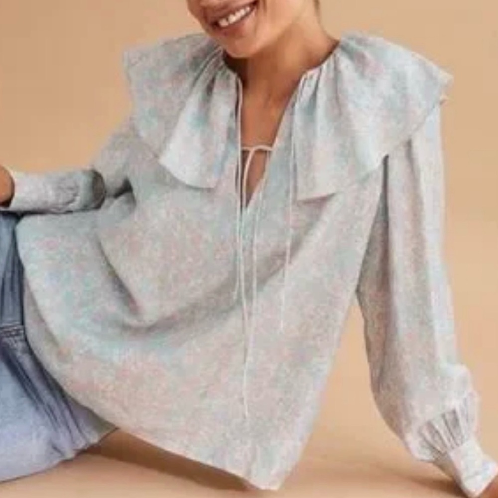 H&M Floral Flouncy Ruffled Collar Blue Pink Pastel V Neck Coquette Blouse XXL